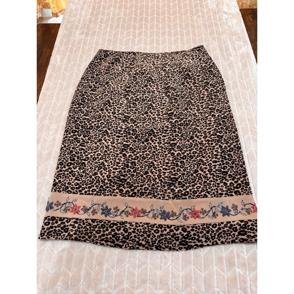 Vintage 90s Silk Club Skirt 14 Leopard Print Beaded Floral Boho Luxury Career - Picture 2 of 13